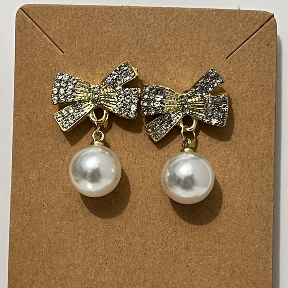 Gold Tone Rhinestone Bow Pearl Drop Earrings Women‎ Holiday Event - Picture 3 of 6